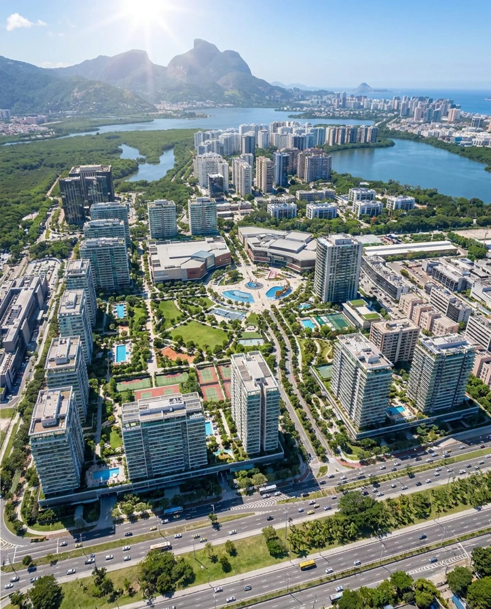 Perspectiva ilustrativa do conjunto Park Avenue com a praça central, a Lagoa e a Pedra da Gávea ao fundo