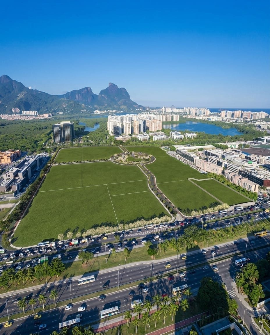 Foto aérea real do terreno de 160 mil m² do antigo Terra Encantada, com a Pedra da Gávea e a Lagoa ao fundo