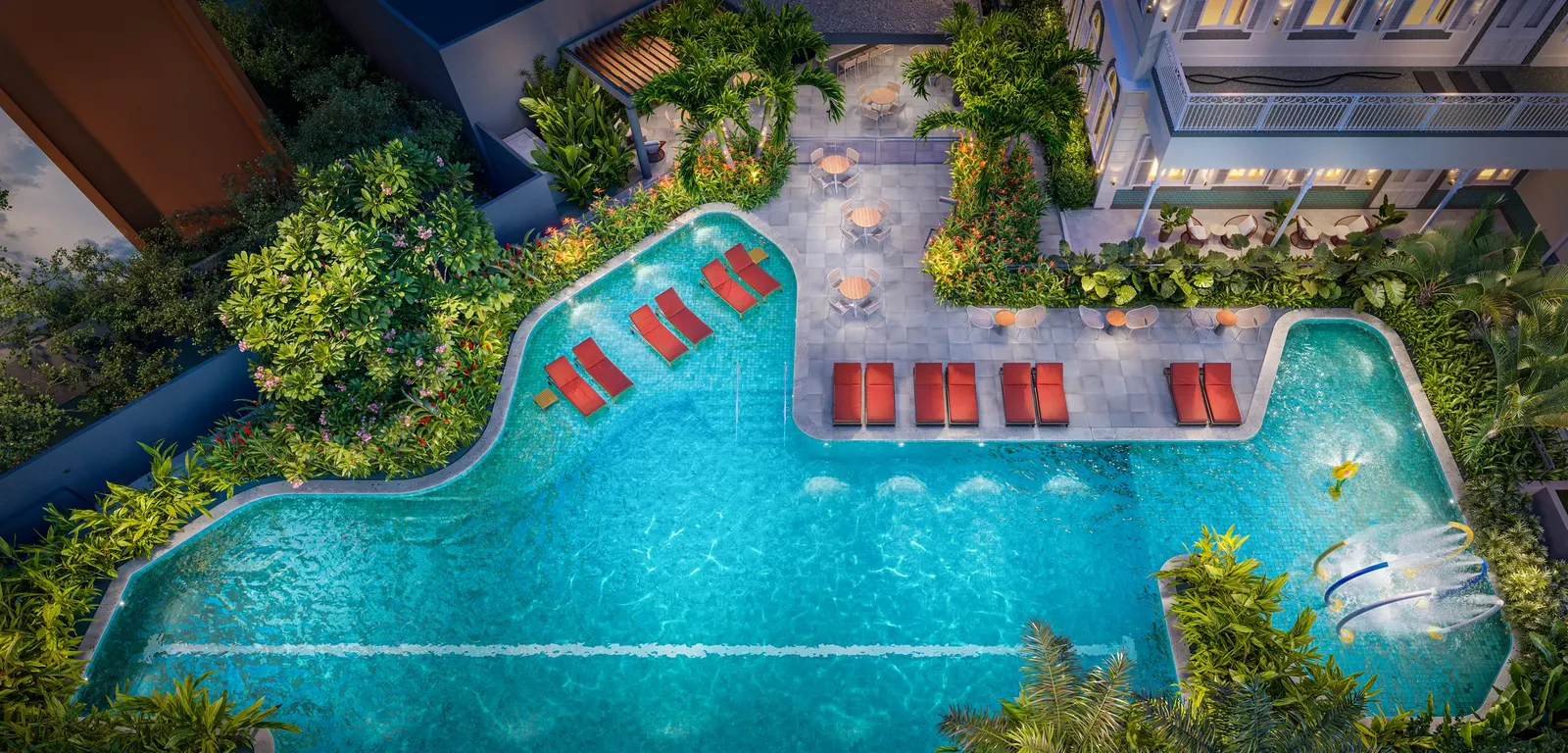 Imagem ilustrativa aérea da piscina com raia e o deck ao entardecer