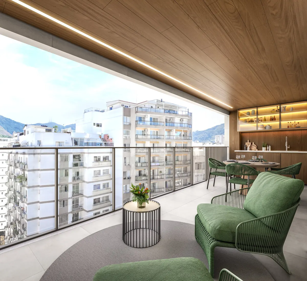 Imagem ilustrativa da varanda de um apartamento de 3 quartos, com vista para o bairro