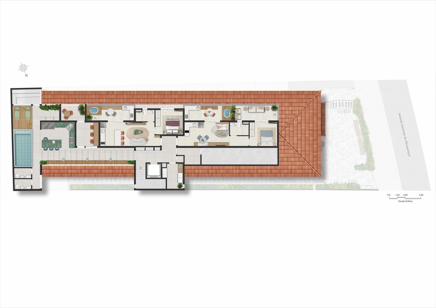 Planta ilustrada do rooftop com as coberturas