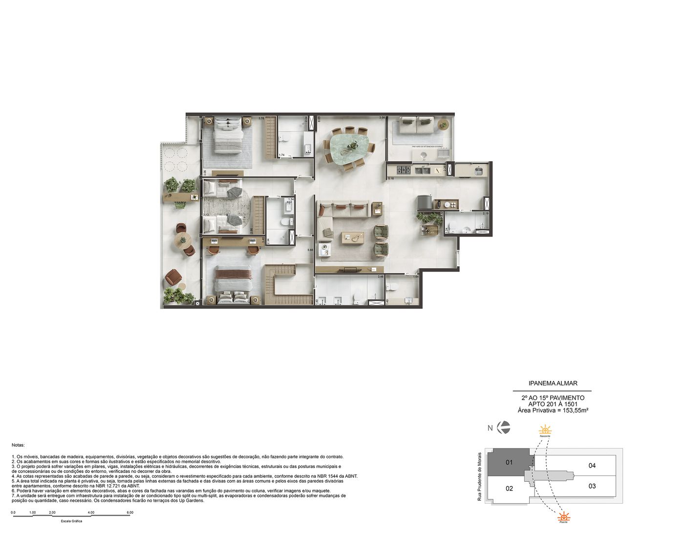 Planta humanizada ilustrativa do apartamento final 01, 3 suítes