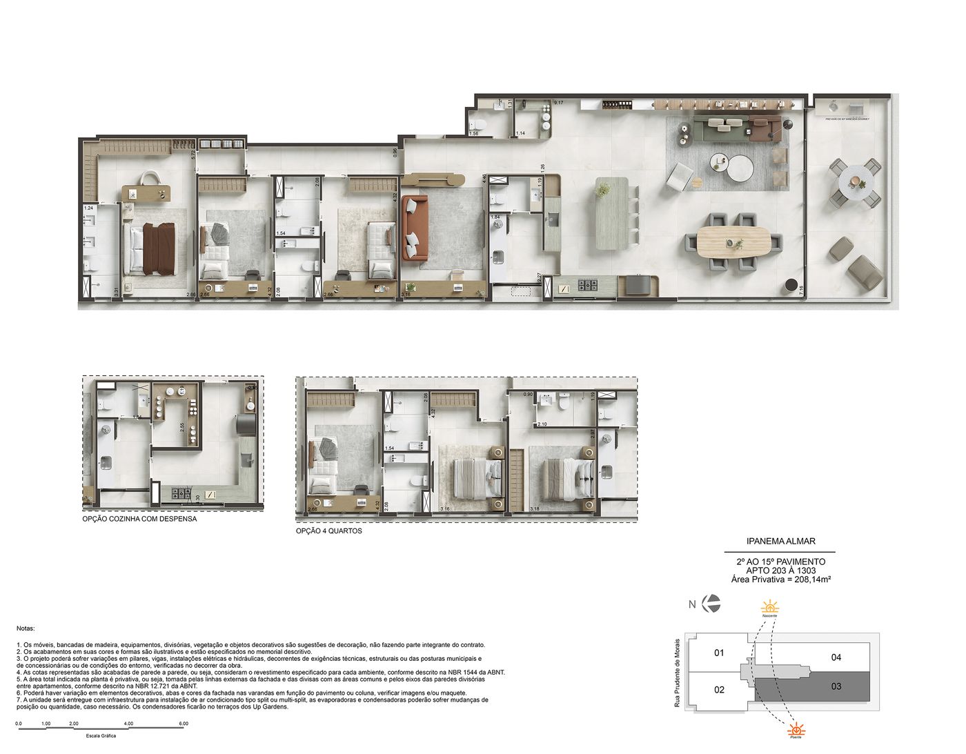 Planta humanizada ilustrativa do apartamento final 03, 4 suítes