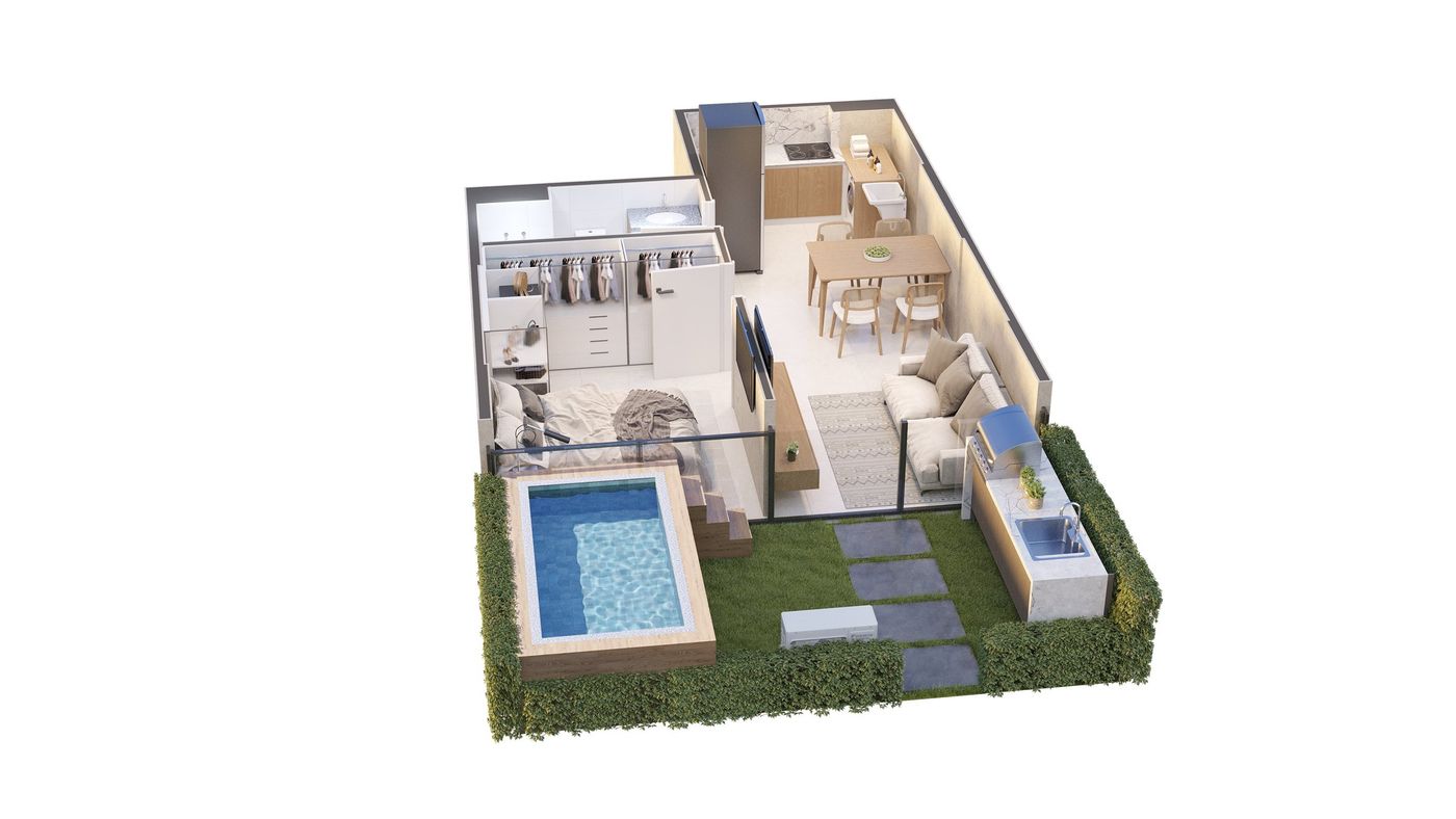 Planta humanizada ilustrativa do townhouse 111, térreo