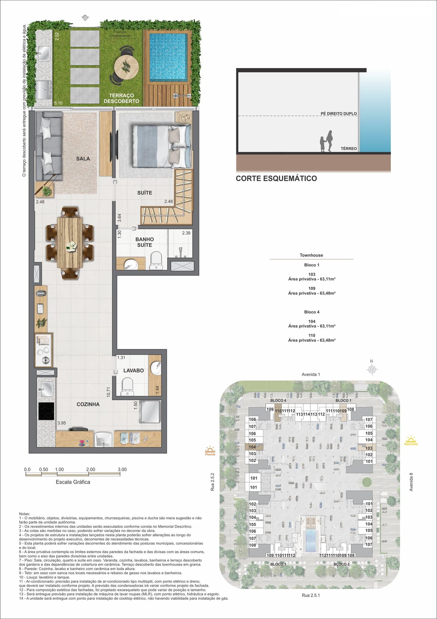 Planta humanizada ilustrativa do townhouse 110 do bloco 4