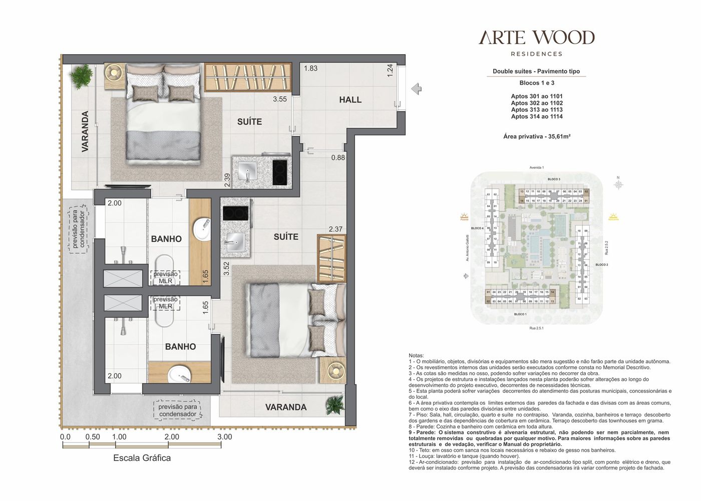 Planta humanizada ilustrativa de apartamento tipo do bloco 1