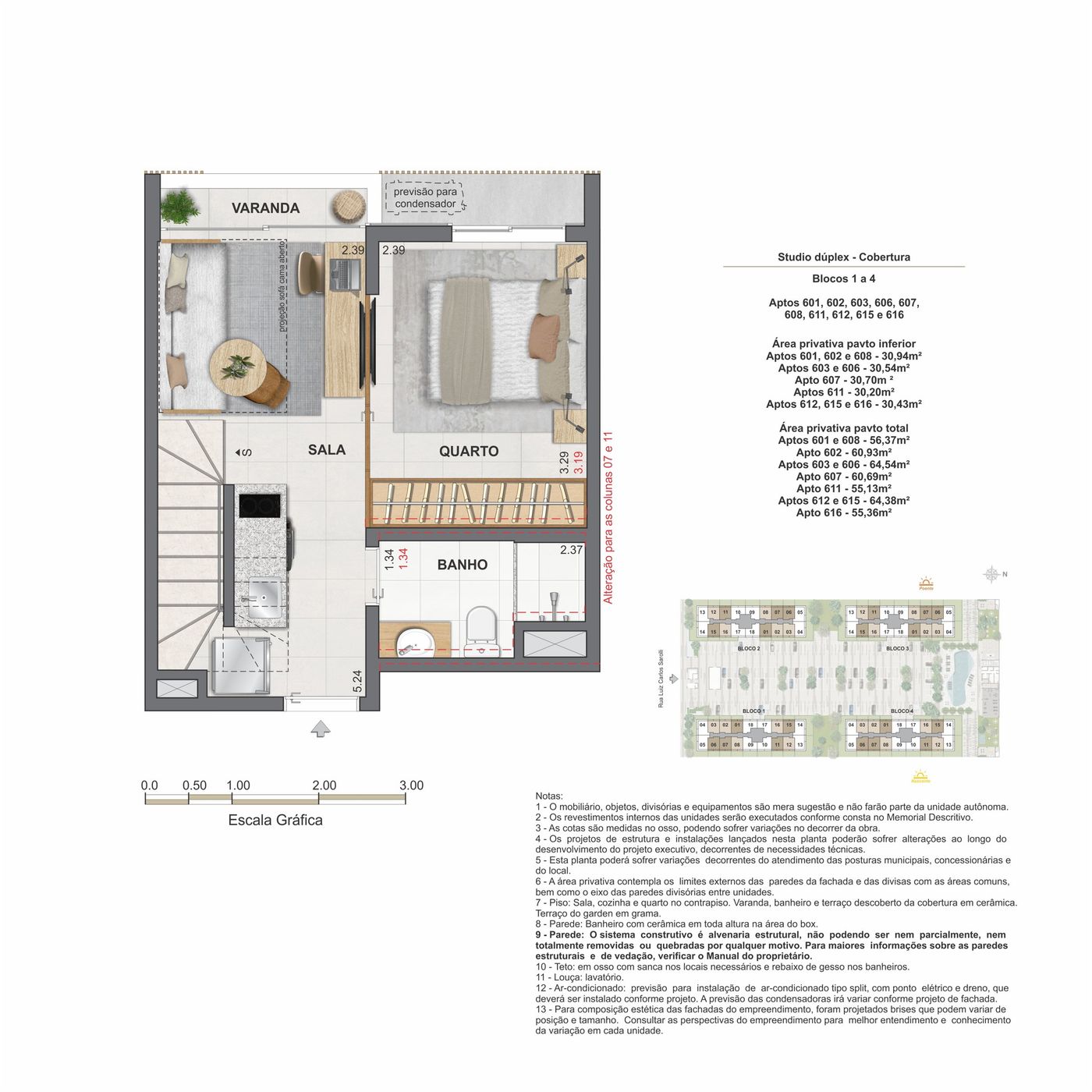 Planta humanizada ilustrativa do studio cobertura 601, pavimento inferior