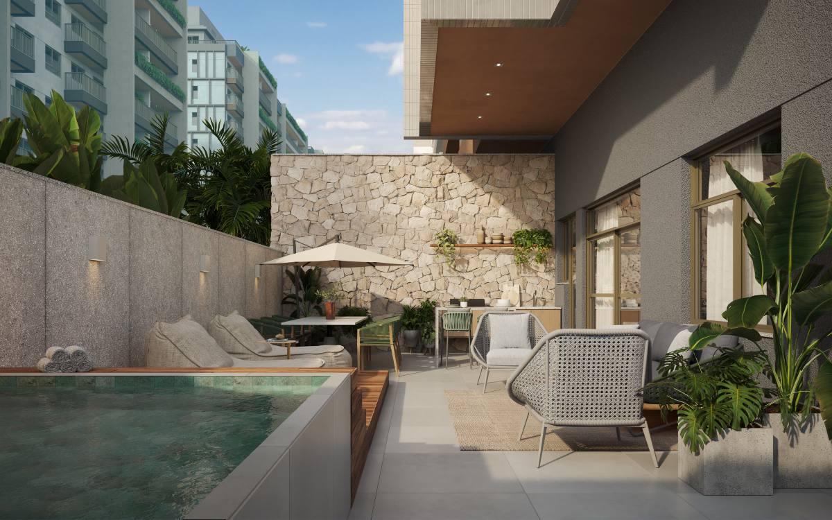Imagem ilustrativa do terraço de um garden com piscina