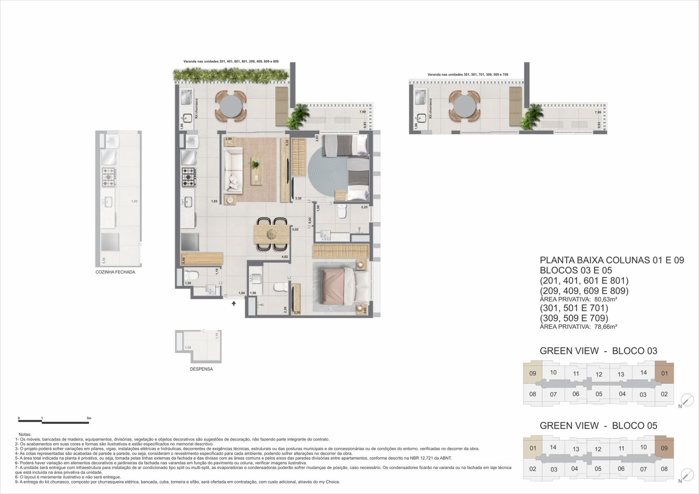 Planta humanizada ilustrativa de apartamento de 2 quartos dos blocos 3 e 5