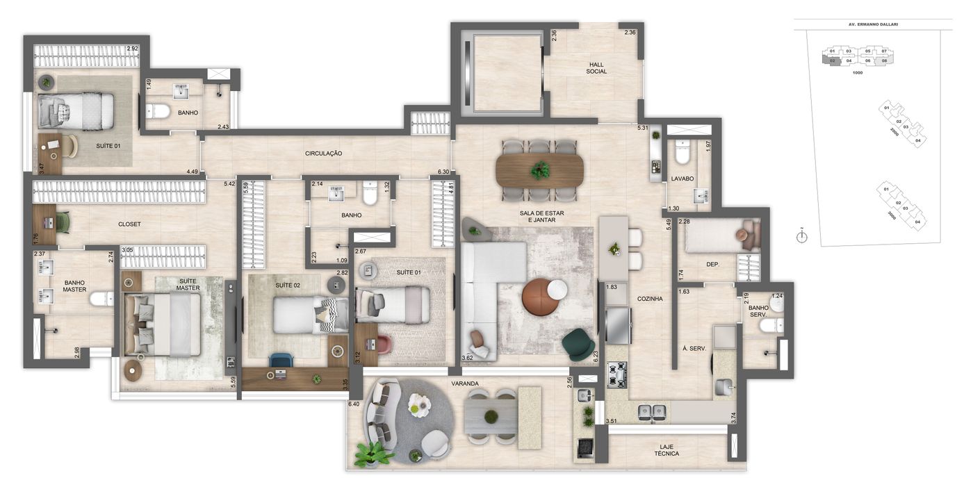 Planta humanizada ilustrativa de apartamento de 4 suítes, Atlântico 1.000 final 02