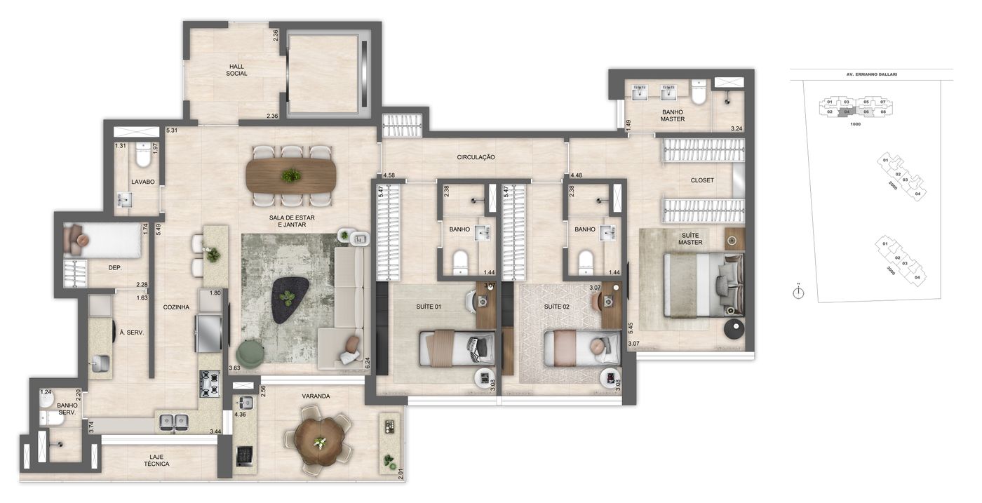Planta humanizada ilustrativa de apartamento de 3 suítes, Atlântico 1.000 finais 04 e 06