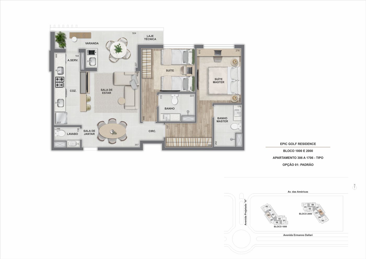 Planta humanizada ilustrativa do apartamento de 2 suítes com 76,96 m²