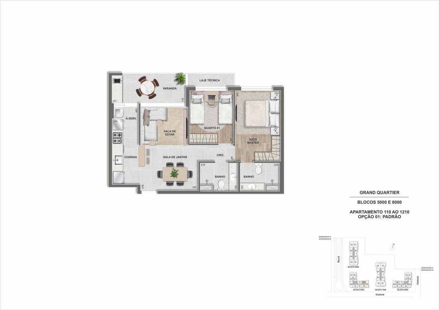 Planta humanizada ilustrativa do apartamento de 2 quartos, blocos 5.000 a 8.000 final 10