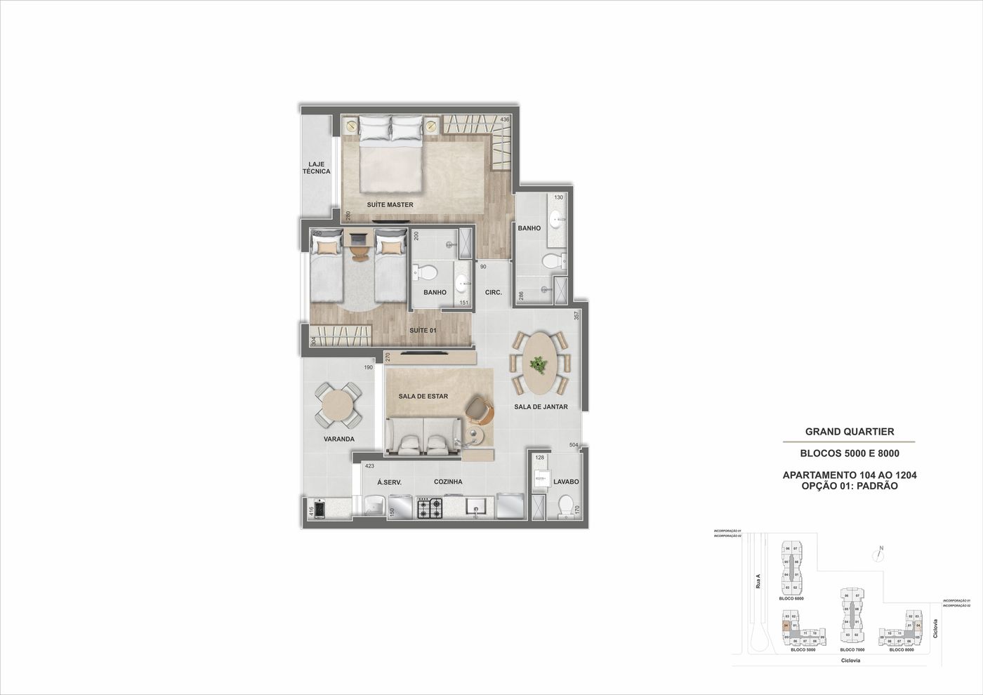 Planta humanizada ilustrativa do apartamento de 2 suítes, final 04