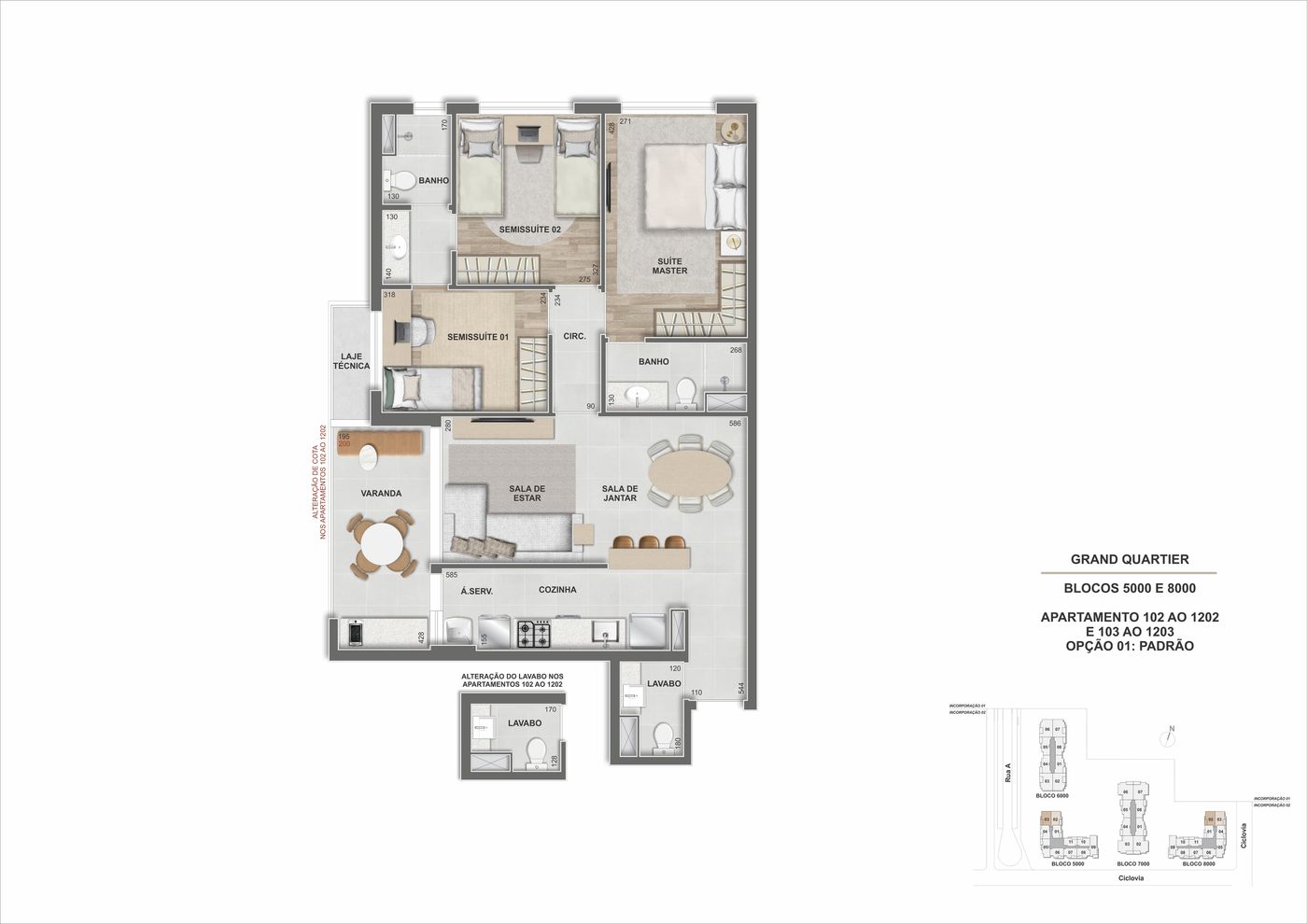 Planta humanizada ilustrativa do apartamento de 3 suítes, finais 02 e 03