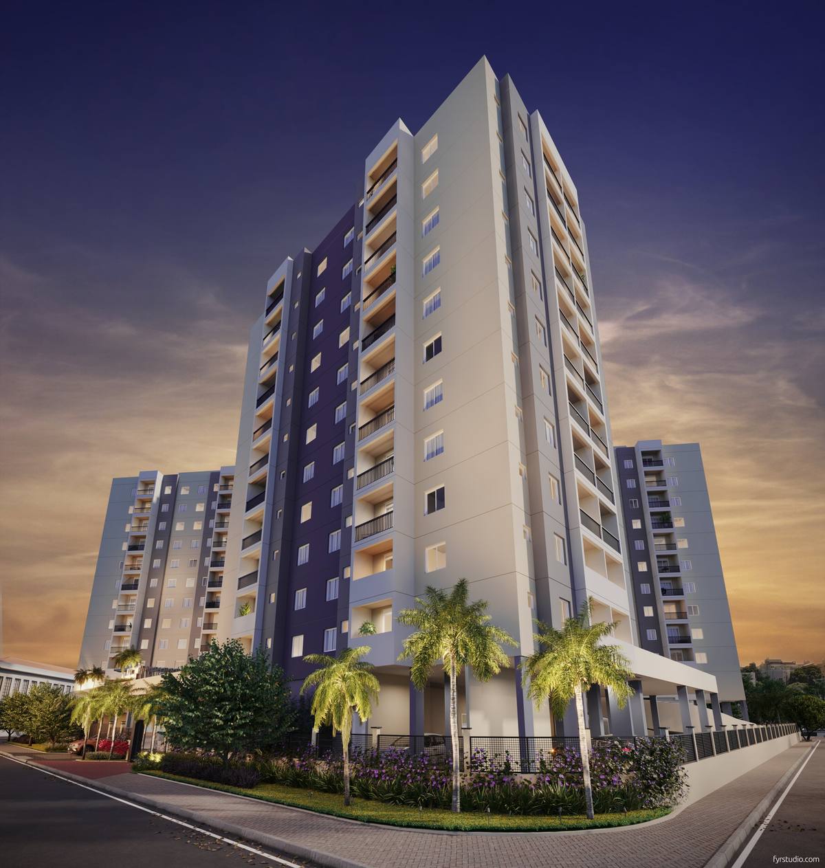Imagem ilustrativa da fachada do Beon Porto Residencial ao entardecer
