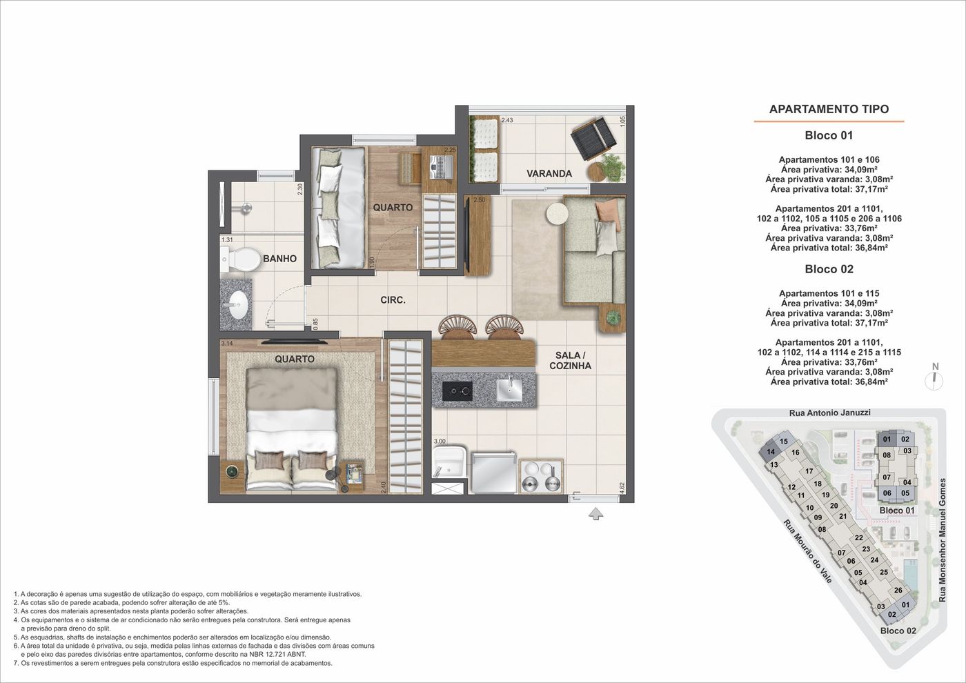 Planta humanizada ilustrativa do apartamento de 2 quartos