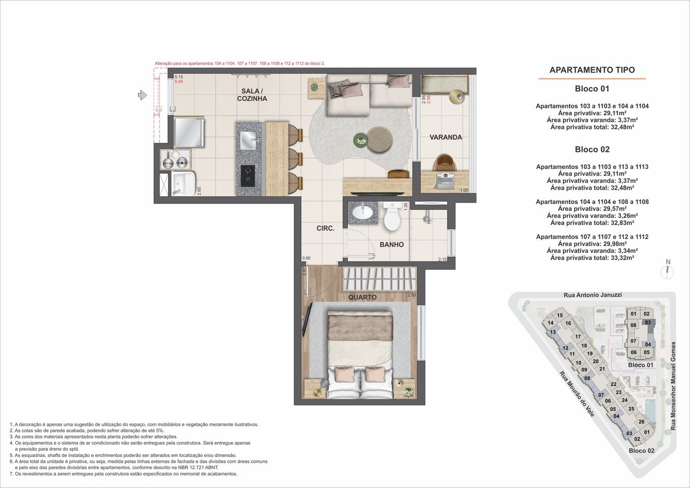 Planta humanizada ilustrativa do apartamento de 1 quarto