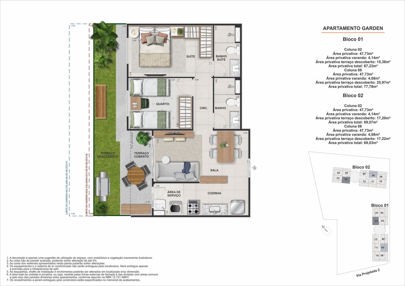 Planta humanizada ilustrativa de apartamento térreo com área privativa