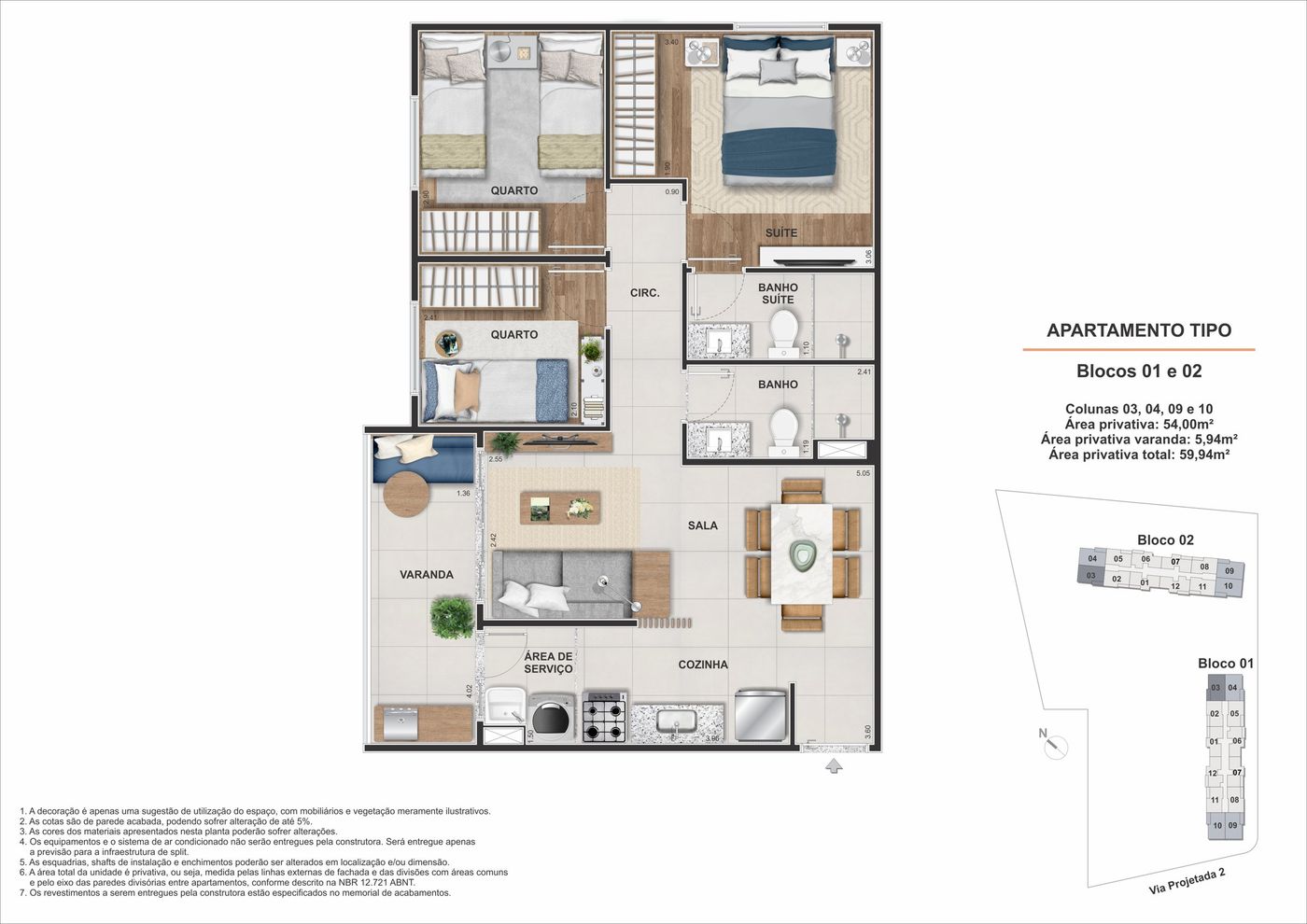 Planta humanizada ilustrativa do apartamento tipo de 3 quartos com suíte