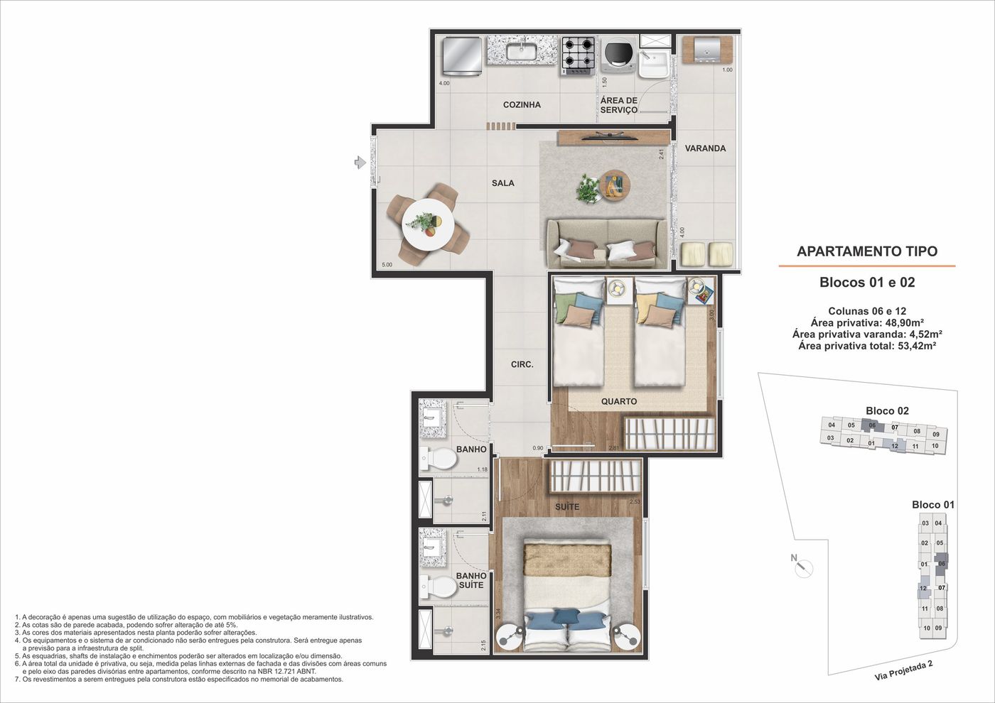 Planta humanizada ilustrativa do apartamento tipo de 2 quartos com suíte