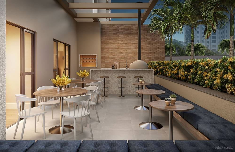 Imagem ilustrativa do lounge gourmet com churrasqueira e forno de pizza a lenha