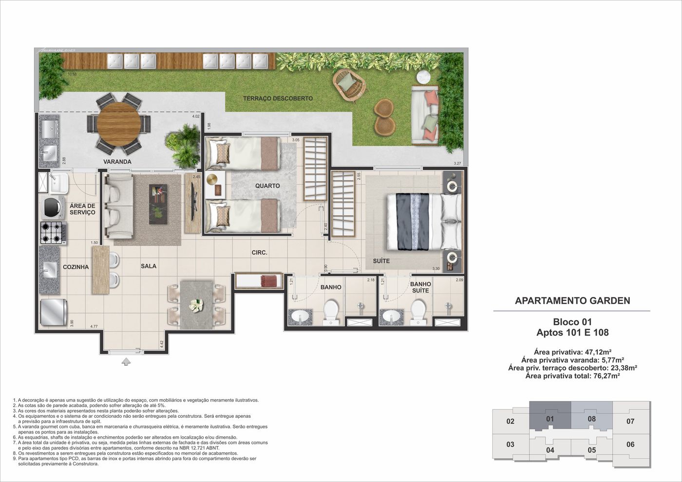 Planta humanizada ilustrativa do apartamento garden de 2 quartos
