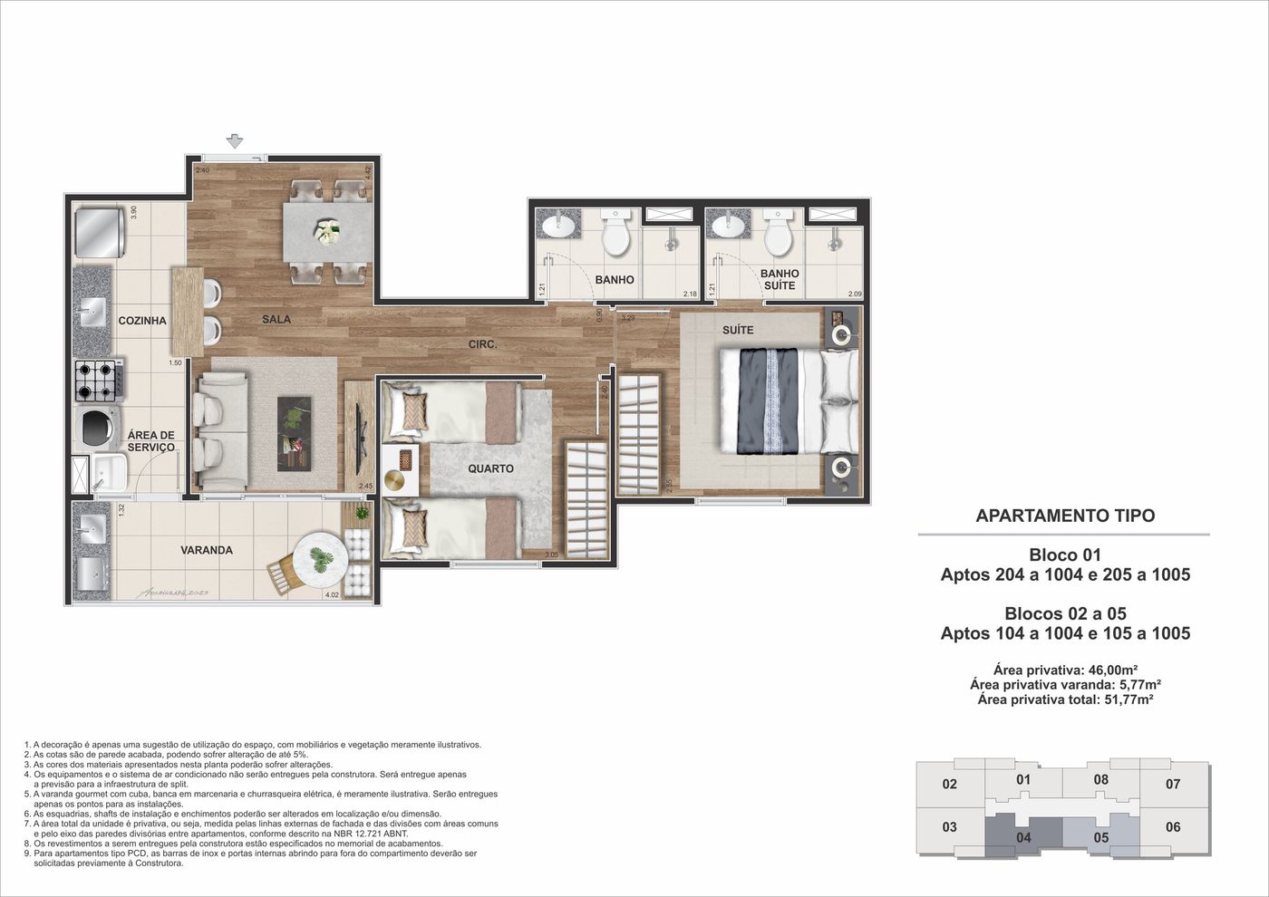 Planta humanizada ilustrativa do apartamento tipo de 2 quartos com suíte