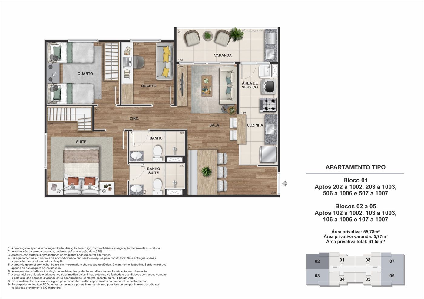 Planta humanizada ilustrativa do apartamento de 3 quartos com suíte