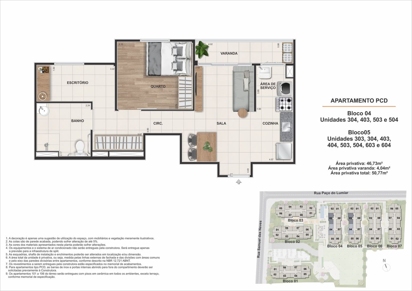 Planta humanizada ilustrativa do apartamento adaptado
