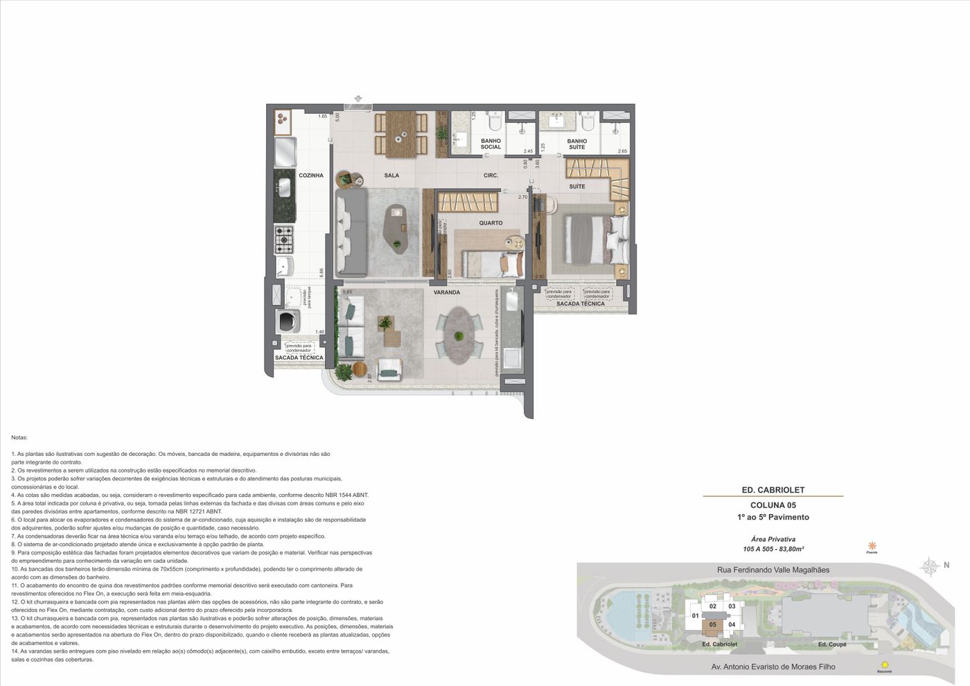 Planta humanizada ilustrativa do Ed. Cabriolet, coluna 05, 2 quartos