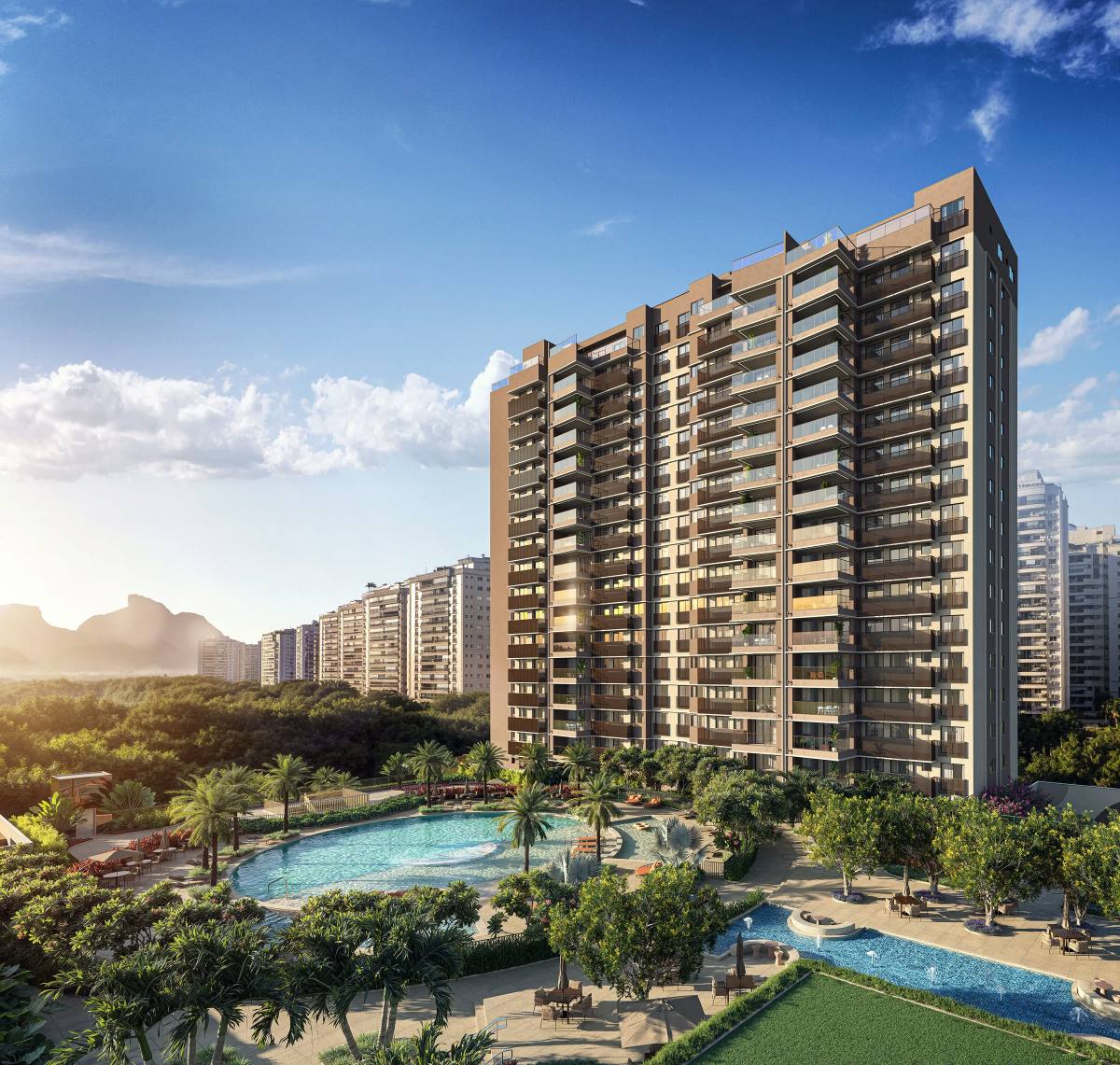Imagem ilustrativa da fachada do Edifício Pedra da Gávea com as piscinas do Endless Península