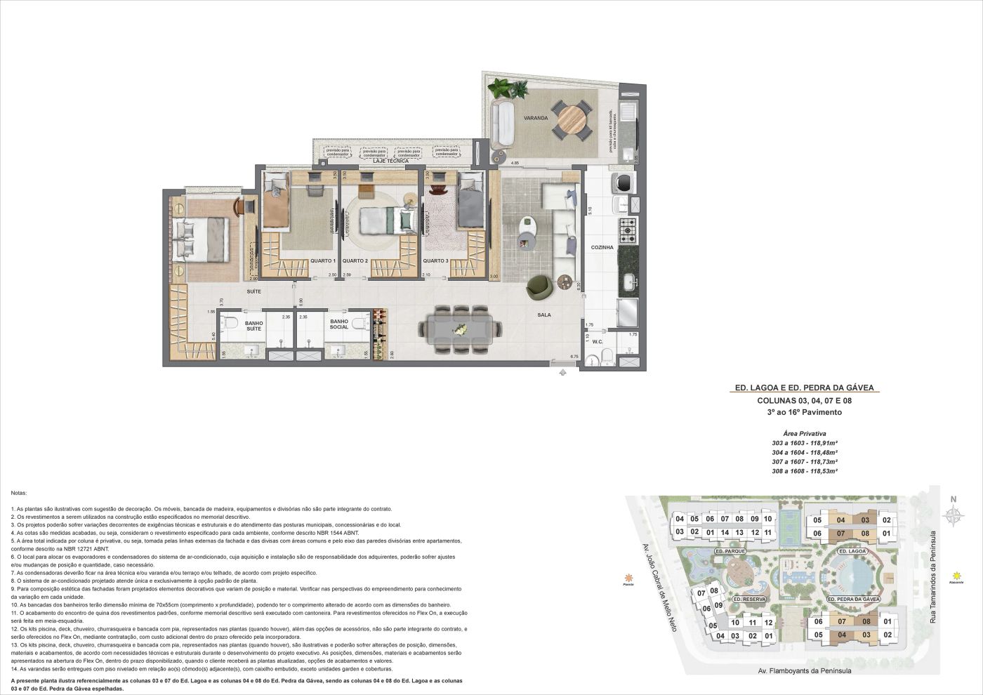 Planta humanizada ilustrativa do apartamento de 4 quartos dos edifícios Lagoa e Pedra da Gávea