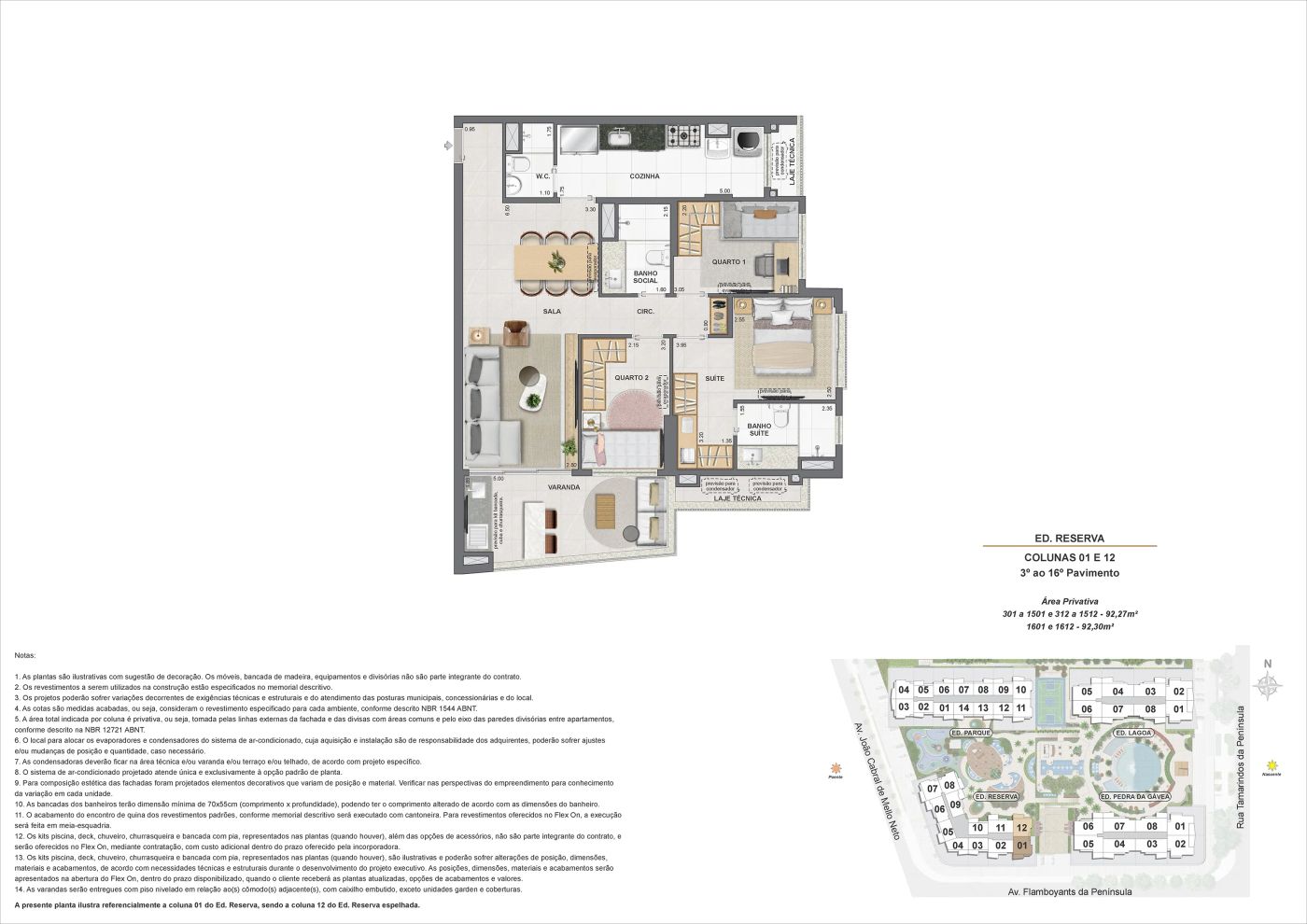 Planta humanizada ilustrativa do apartamento de 3 quartos do Edifício Reserva