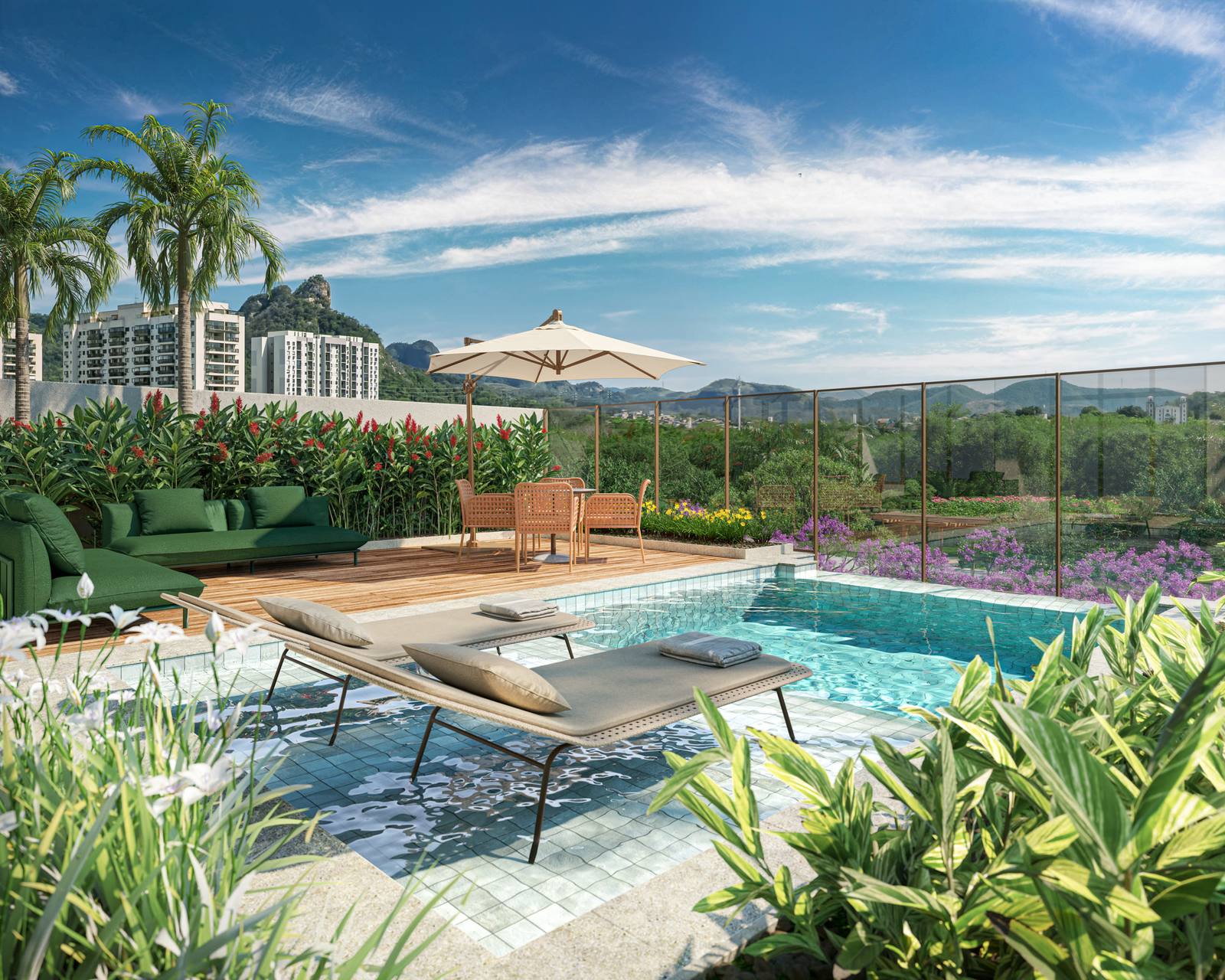 Imagem ilustrativa do terraço da pool house com vista para o parque linear