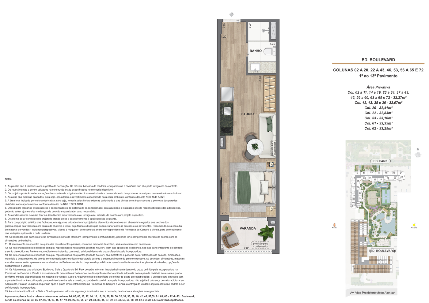 Planta humanizada ilustrativa do studio de 32 m² do Edifício Boulevard