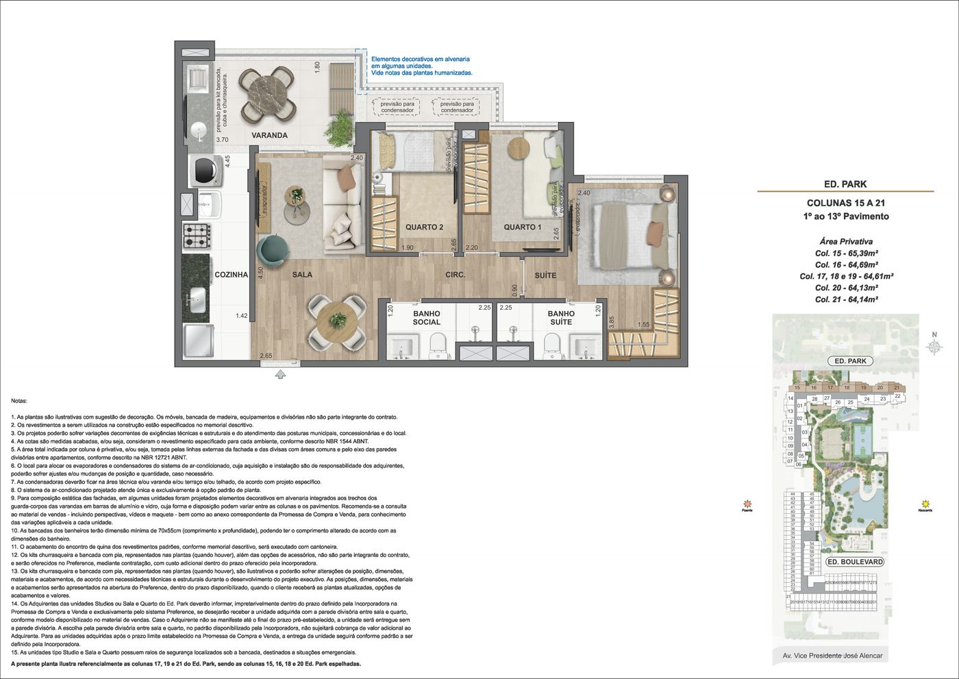 Planta humanizada ilustrativa do apartamento de 3 quartos do Edifício Park, colunas 15 a 21