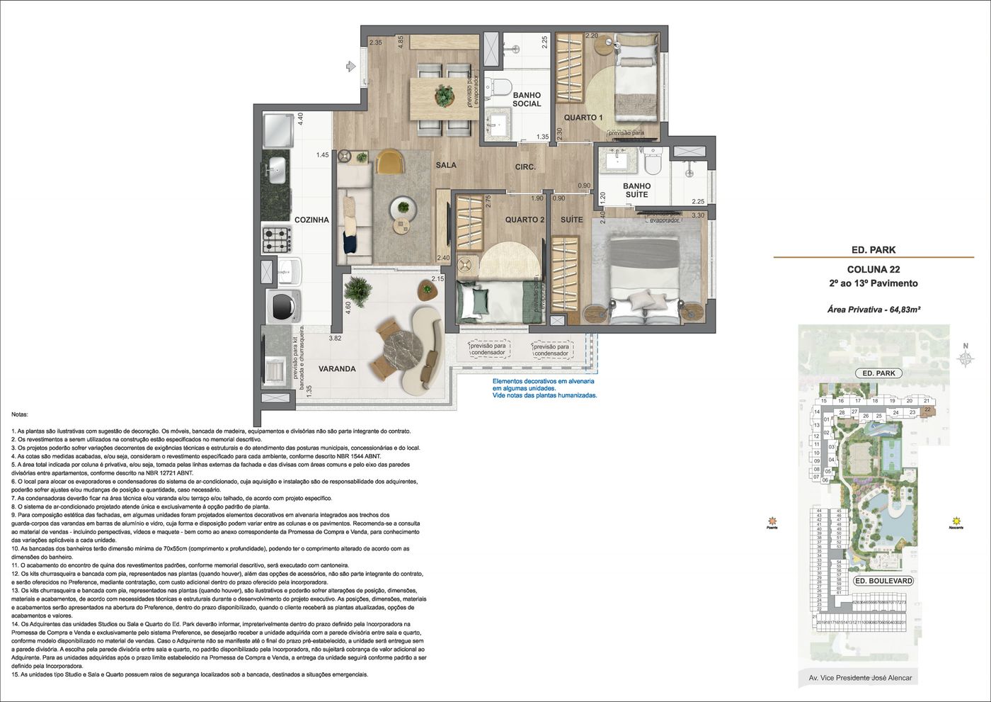 Planta humanizada ilustrativa do apartamento de 3 quartos do Edifício Park, coluna 22