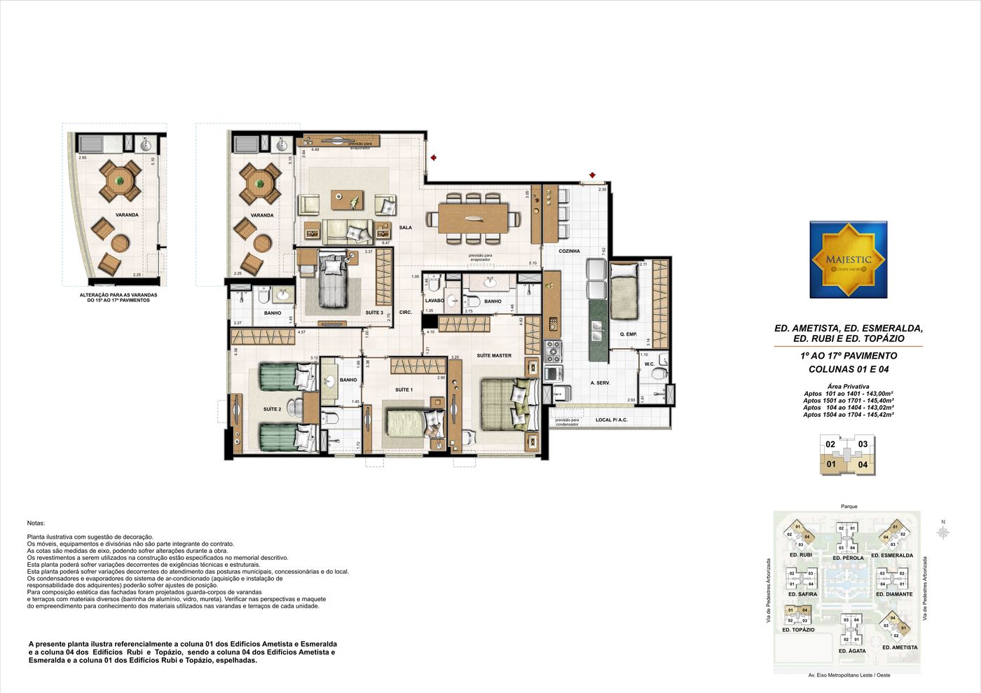 Planta humanizada ilustrativa do apartamento tipo de 4 suítes, blocos pares, colunas 01 e 04