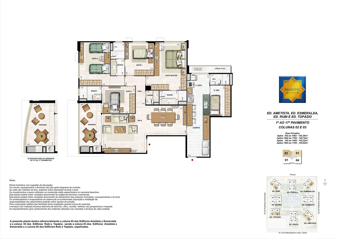Planta humanizada ilustrativa do apartamento tipo de 4 suítes, blocos pares, colunas 02 e 03