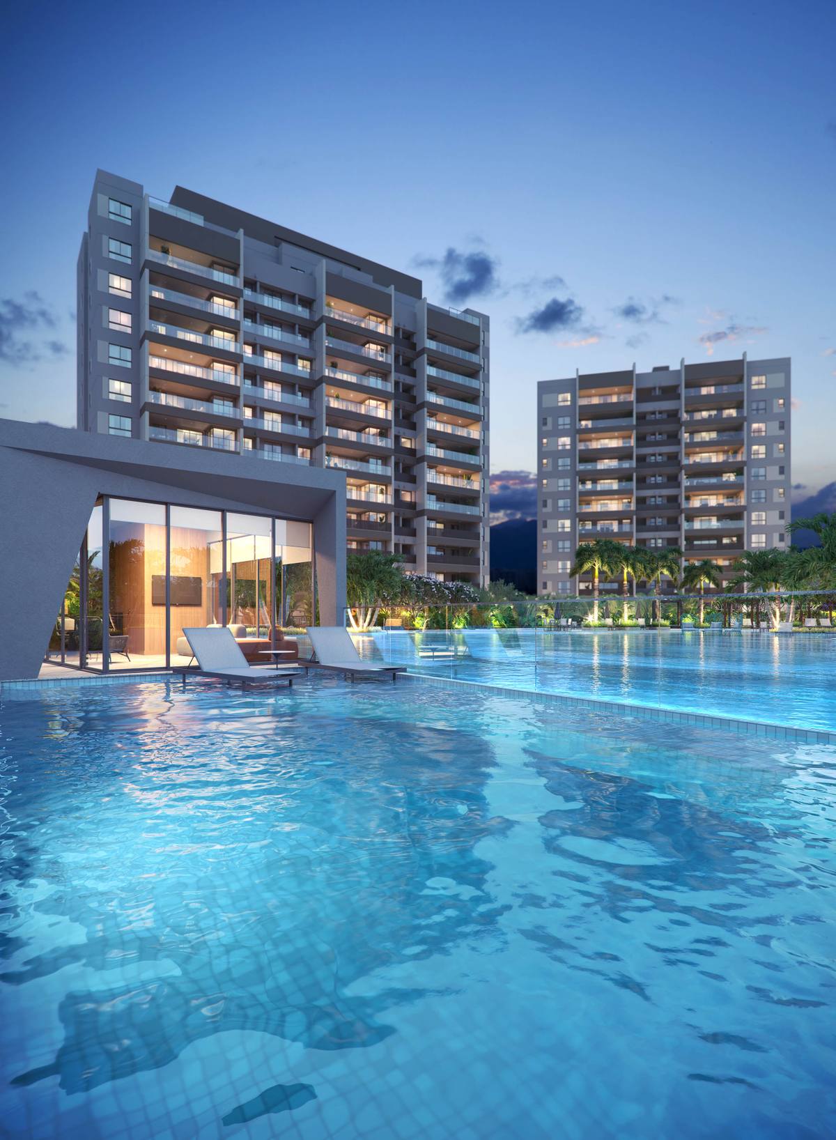 Imagem ilustrativa de um edifício do Orygem Acqua Home à beira da piscina