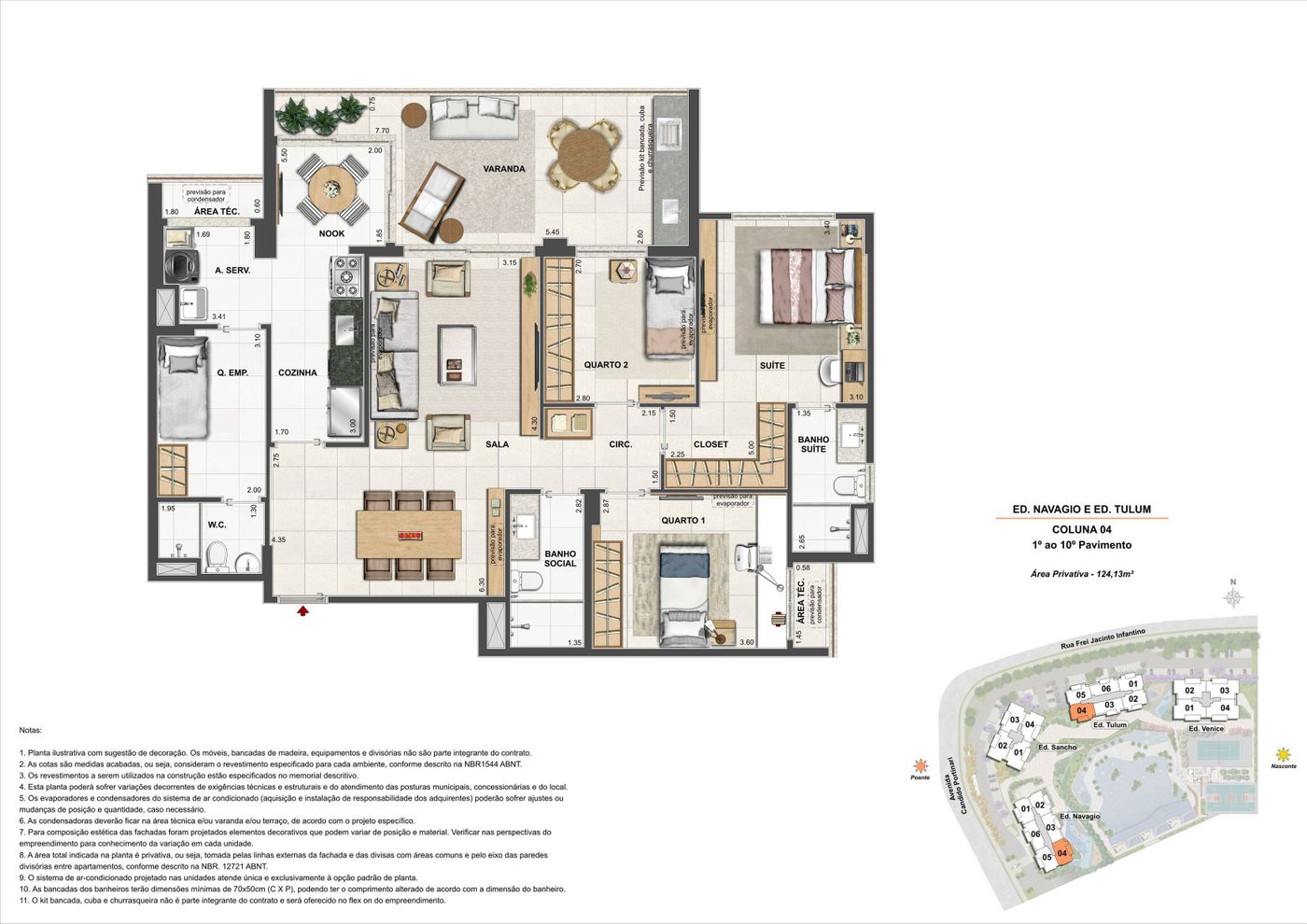 Planta humanizada ilustrativa de 3 quartos, Ed. Navagio e Tulum, coluna 04