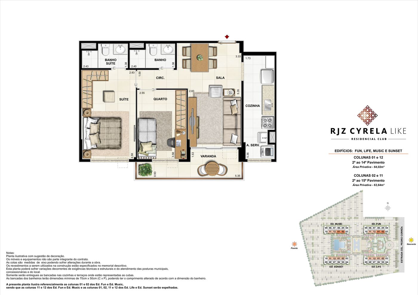 Planta humanizada ilustrativa do apartamento de 2 quartos, colunas 01, 02, 11 e 12