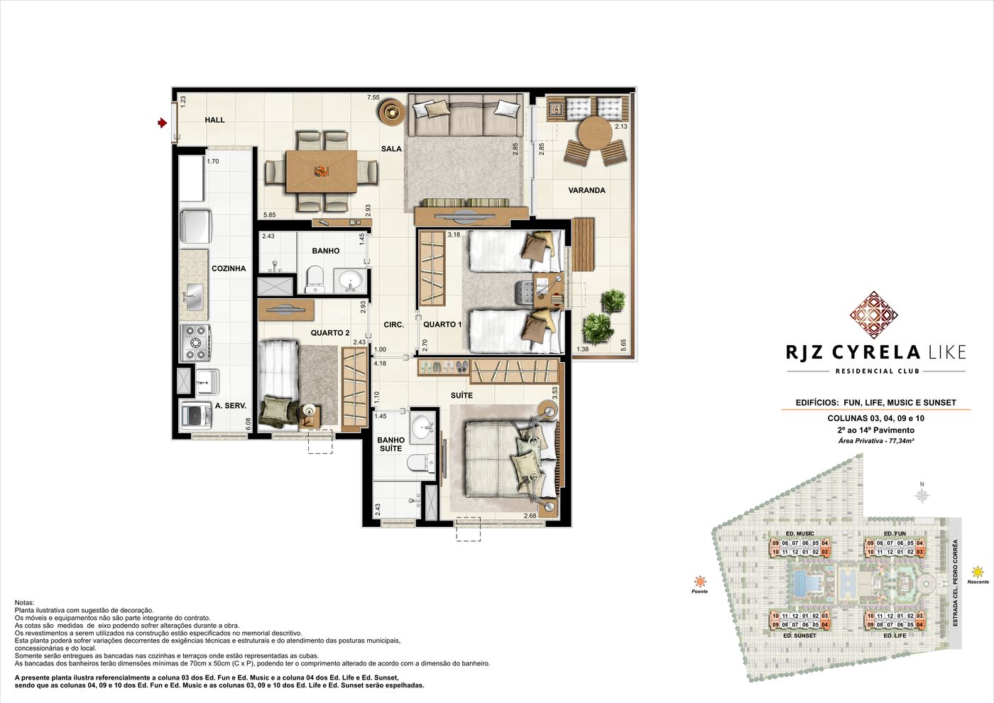 Planta humanizada ilustrativa do apartamento de 3 quartos, colunas 03, 04, 09 e 10