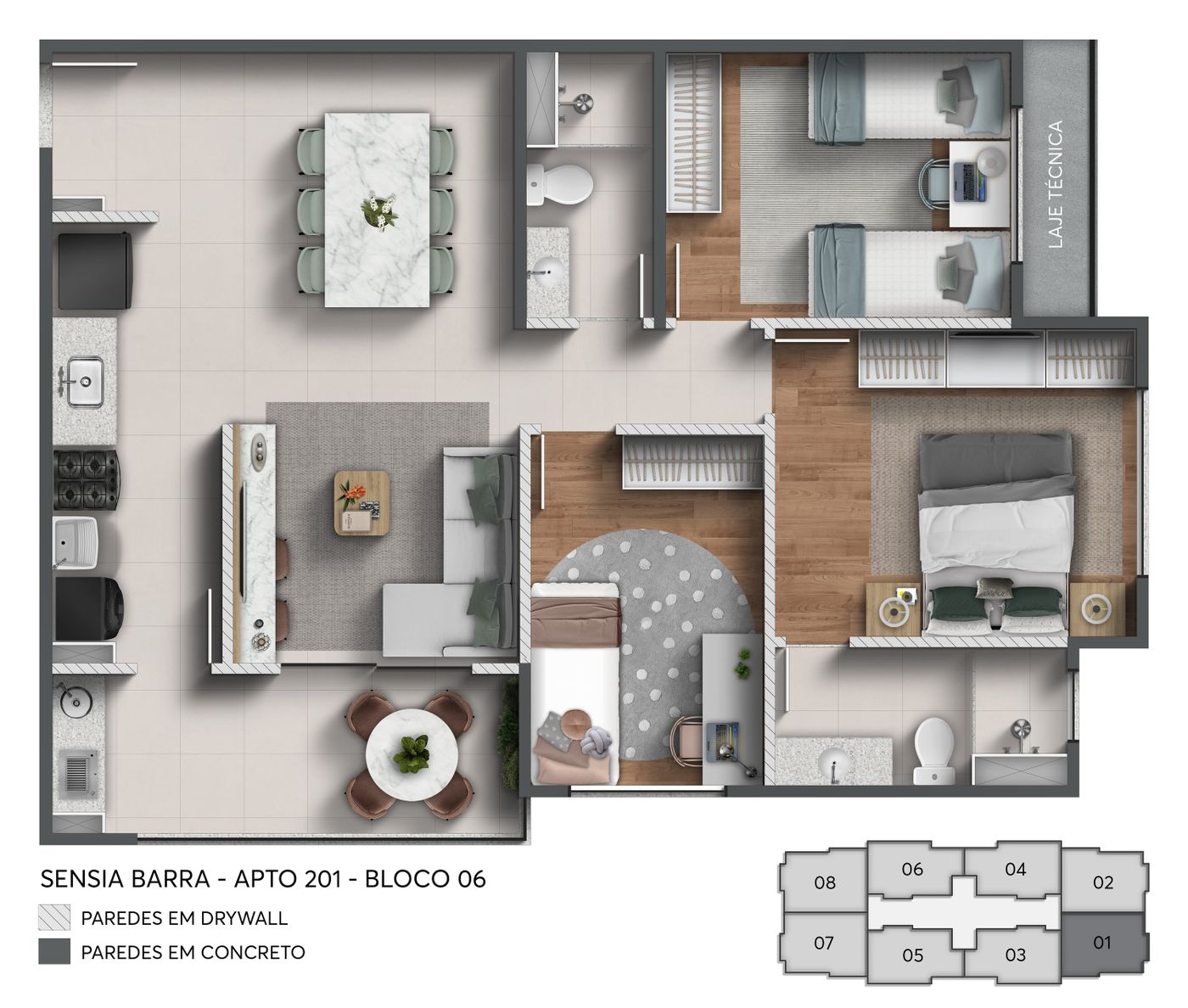 Planta humanizada ilustrativa do apartamento 201, 3 quartos