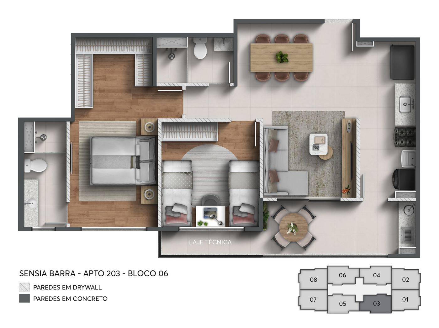 Planta humanizada ilustrativa do apartamento 203, 2 quartos