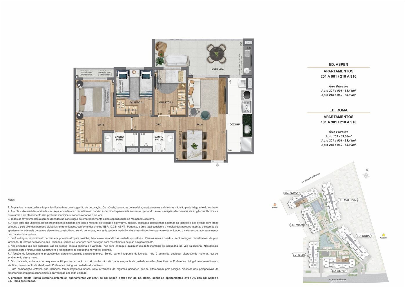 Planta humanizada ilustrativa de apartamento de 3 quartos