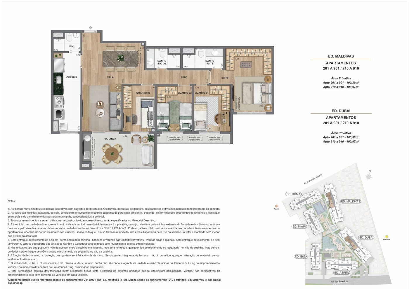 Planta humanizada ilustrativa de apartamento de 4 quartos